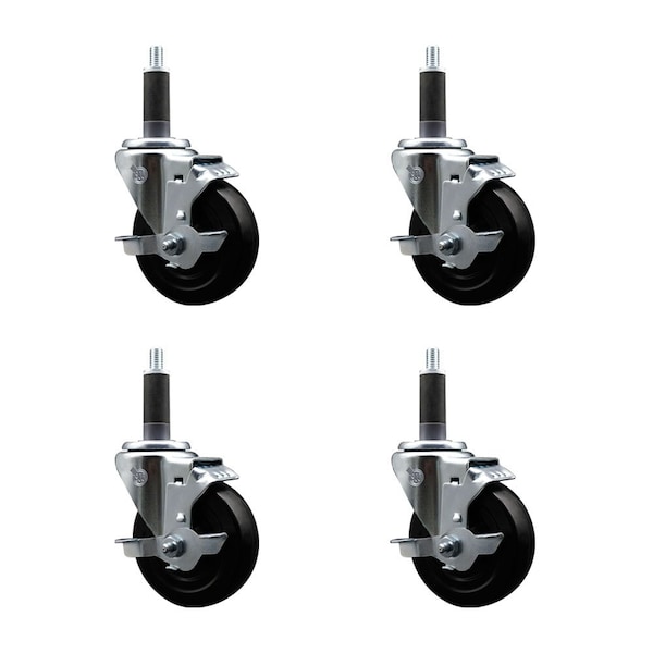 4'' Hard Rubber Swivel 1'' Expanding Stem Caster Set with Brake, 4PK